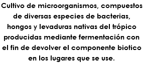 Cultivo de microorganismos, compuestos de diversas especies de bacterias, hongos y levaduras nativas del trópico producidas mediante fermentación con el fin de devolver el componente biotico en los lugares que se use.